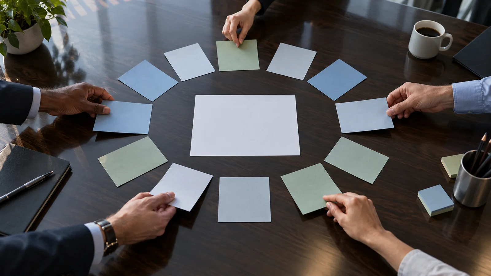 An overhead editorial photo shows several hands arranging blank blue, gray, and soft green feedback cards in a circle around a blank sheet on a polished conference room table.