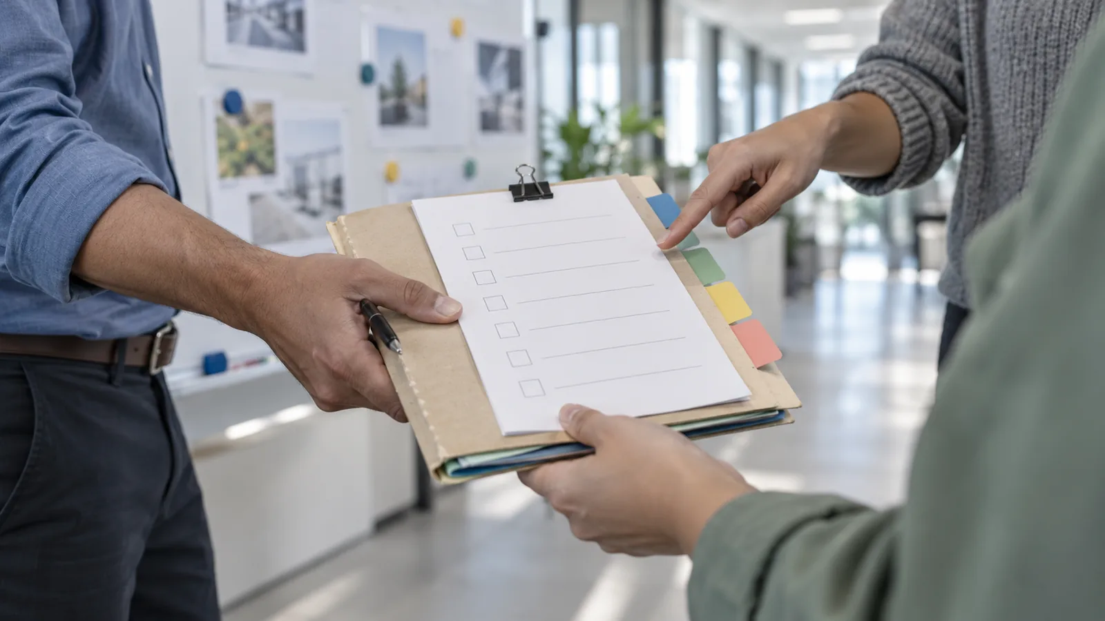 Two coworkers exchange a worn tabbed folder with a blank clipped checklist in a bright office corridor while a third hand points to one section.