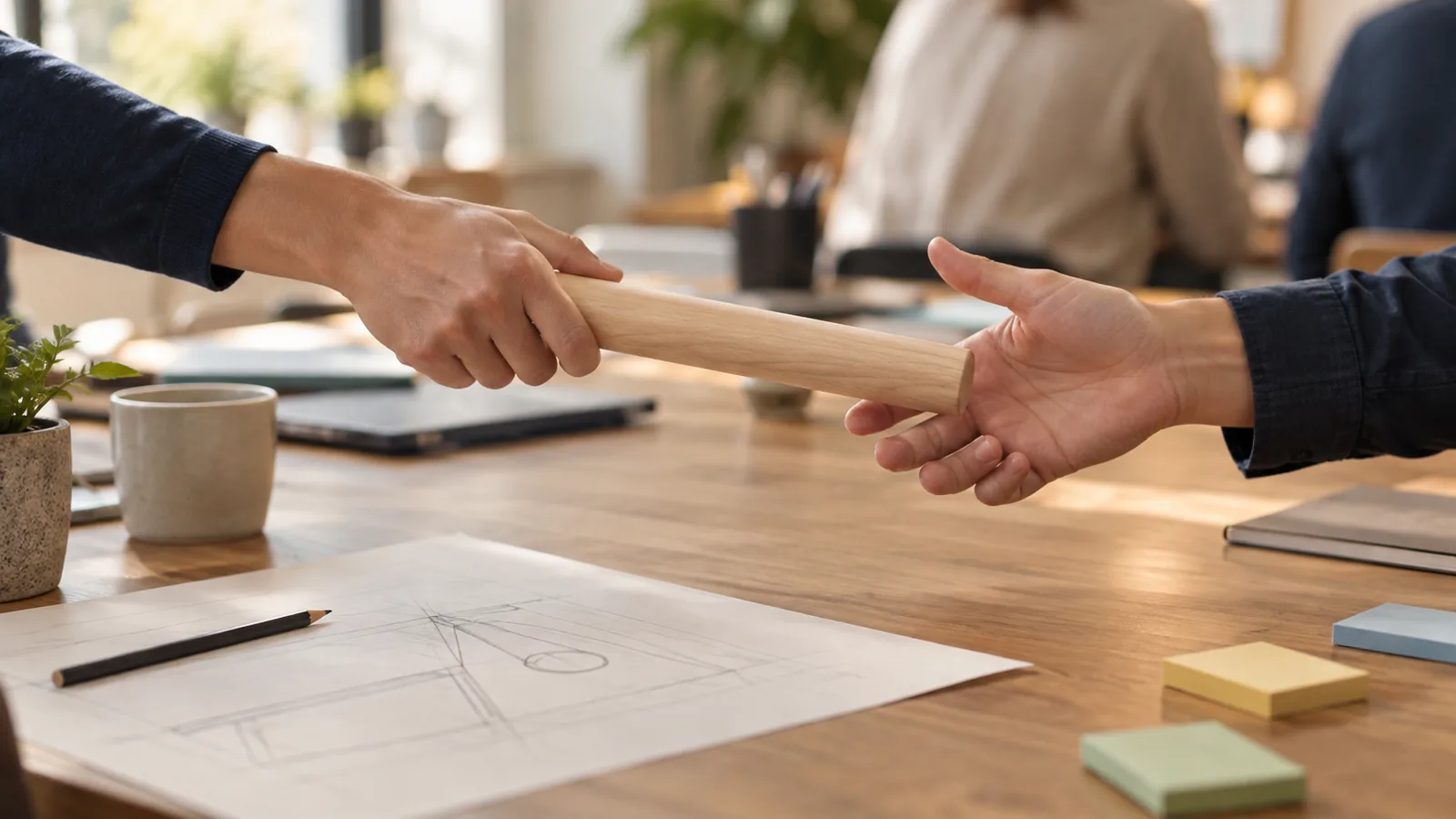 Two coworkers pass a plain wooden baton between their hands across a warm workshop table with a pencil, line sketch, and blurred colleagues in the background.