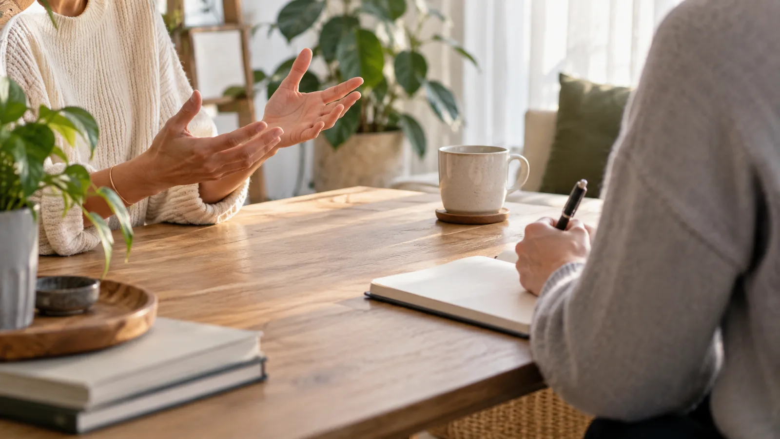 A warm morning workspace shows a calm coaching conversation at a wooden table, with gesturing hands, note-taking, a mug, and plants in soft light.