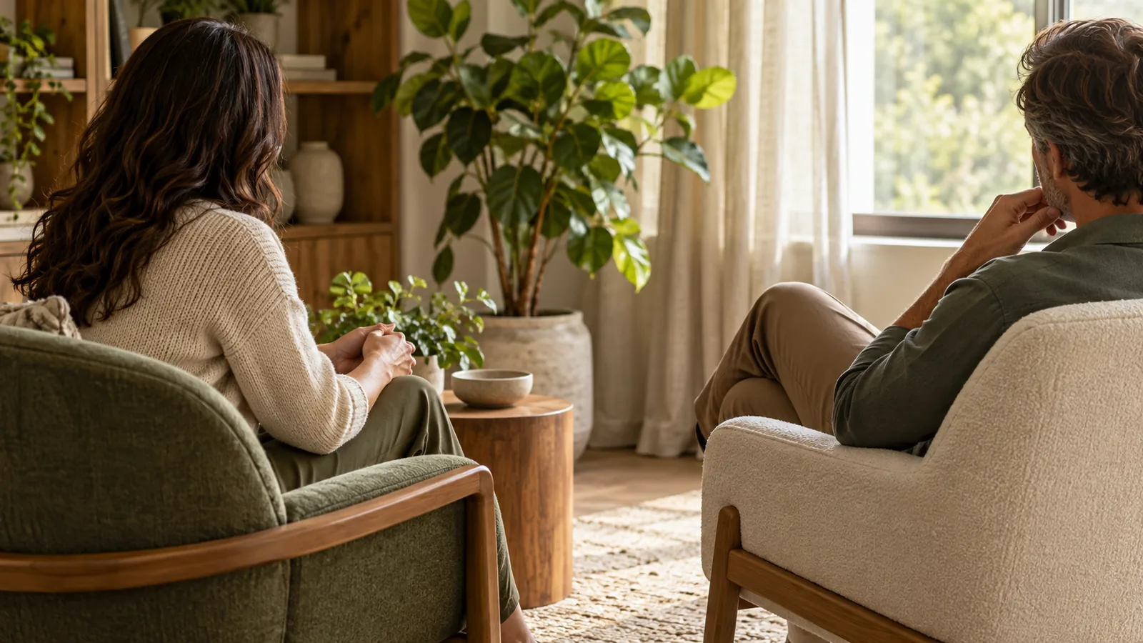A coach seen from behind listens with hands clasped while a client reclines thoughtfully in a sunlit, plant-filled reading-room corner.