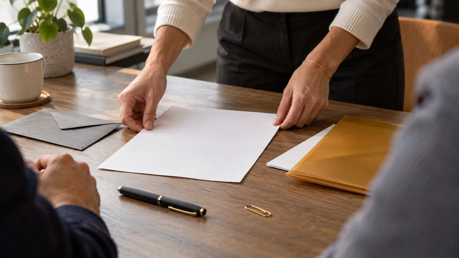A leader's hands arrange blank papers on an office table beside a translucent amber folder, a sealed gray envelope, a capped pen, and a paperclip while coworkers' shoulders blur in the background.